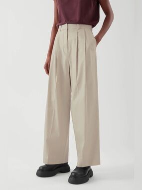 COS Beige Wide Leg Pleated Tailored Trousers Cotton Pants Beige Size 6